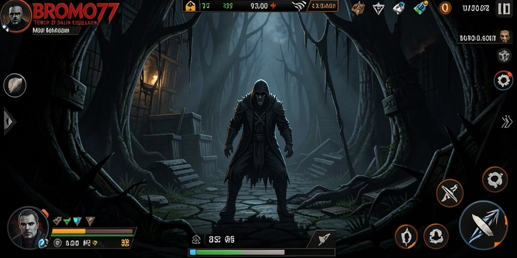 Screenshot gameplay BROMO77 yang menampilkan kegelapan dan ketegangan.