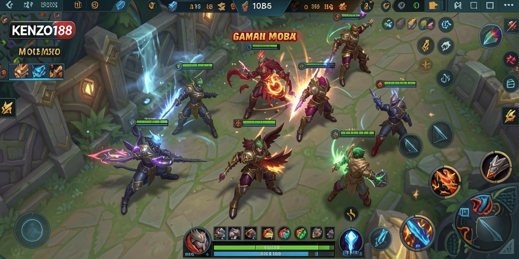 Screenshot KENZO188 menampilkan aksi seru dalam permainan MOBA.