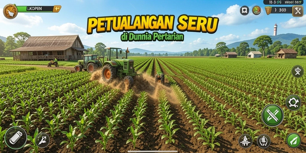 Screenshot LKOPEN menampilkan gameplay seru di ladang pertanian yang hijau.