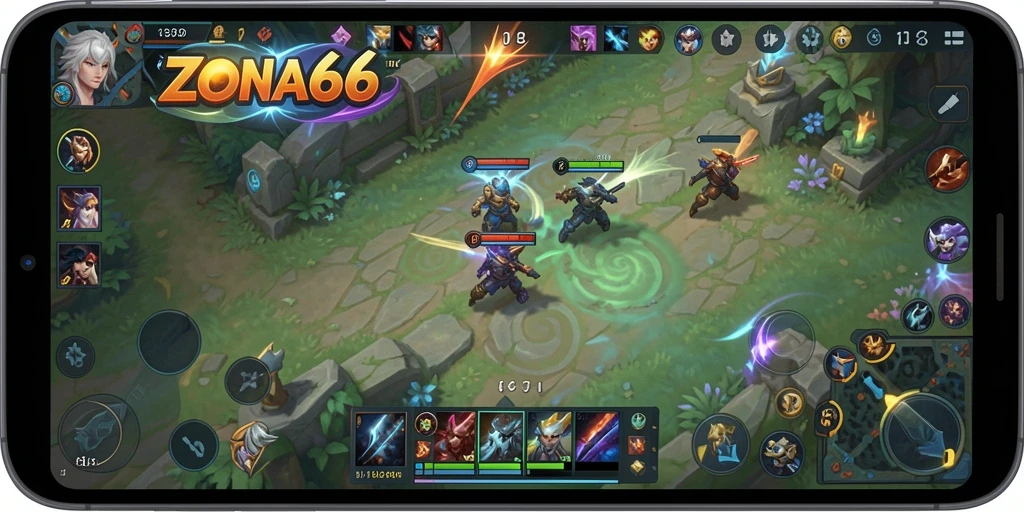 Tampilan gameplay ZONA66 yang menegangkan di arena MOBA.